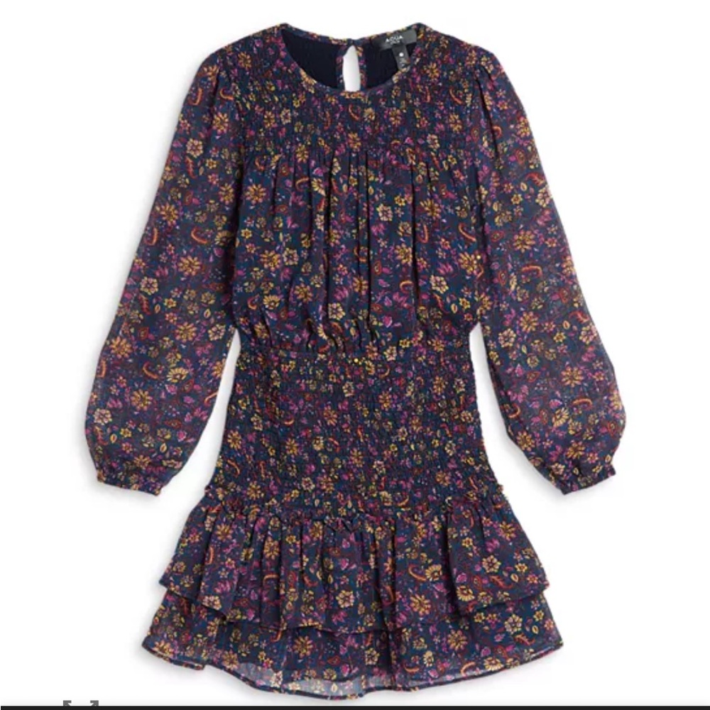 Aqua Girls' Long Sleeve Smocked Metallic Floral‎ Dress Big Kid Size Small